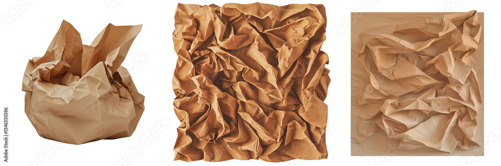 Aufkleber isolated on a transparent background is crumpled blank brown craft paper, made with generative ai