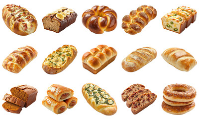 Assorted Freshly Baked Bread Varieties Including Loaves, Rolls, Sweet Breads, and Savory Treats for Culinary Inspiration and Baking Ideas. Piquant food set.