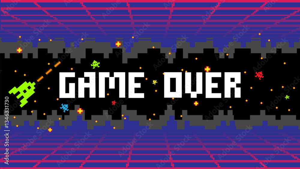 Poster Game Over background with player selection.8 bit game.retro game.	
