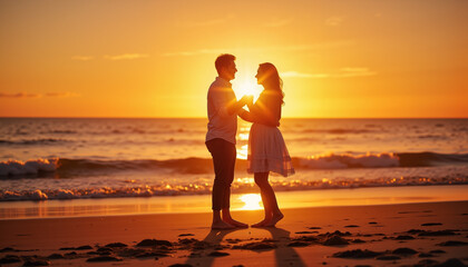 Fototapeta premium Couple embracing at sunset on serene beach, love and intimacy