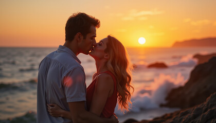 Affectionate couple sharing a kiss at sunset, love and connection