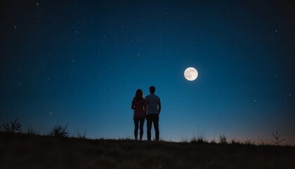 Couple admiring starry sky on a hill, serene moonlit night