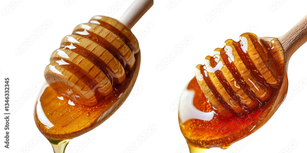 Poster on a transparent background, a dipper is shown with honey dripping from it, made using generative ai