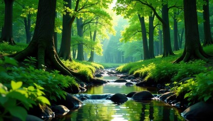Obraz premium Stream flowing through a forest of tall trees, branches, stream, green