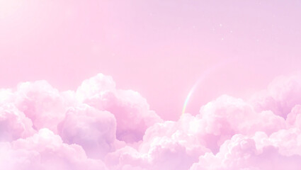 Fototapeta premium Dreamy Pink Cloudscape Illuminated by a Soft Pastel Sky with a Subtle Rainbow in Tranquil Heavenly Atmosphere