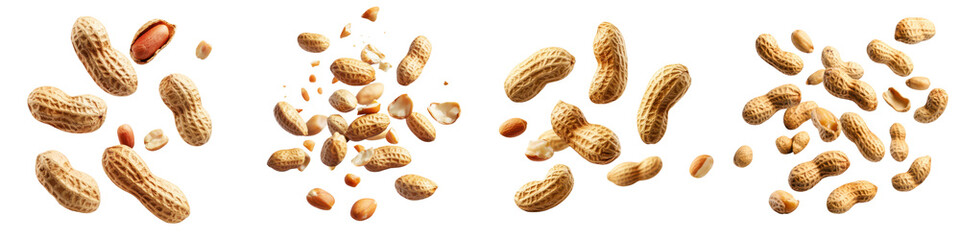 Closeup of an assortment of roasted peanuts in shells and shelled depicting a variety of shapes sizes and textures of this healthy plant based snack food