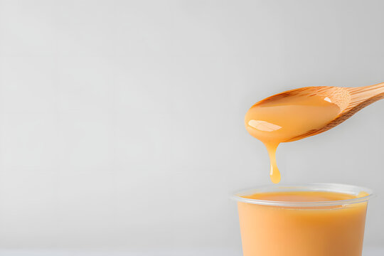 light margarine being measured into tablespoon with droplets forming on edge against white surface