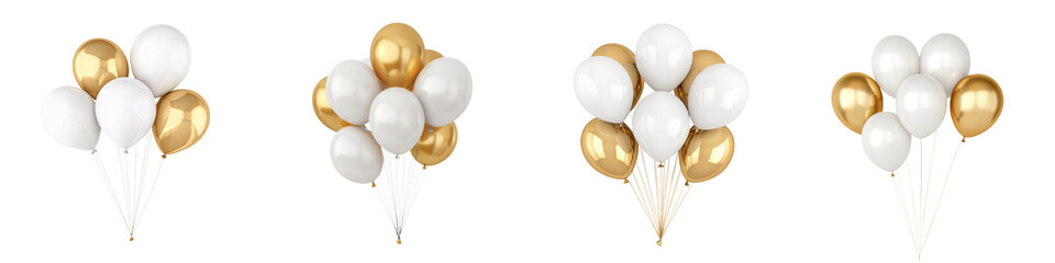 Colorful bouquet of gold and white helium balloons ready to float and decorate a joyous party or special event