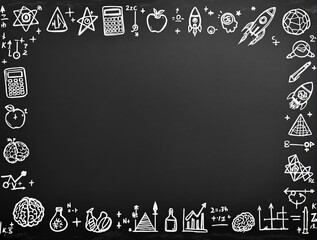 Empty chalk board with hand-drawn science-themed doodles around the edges on dark background. Ideal for mockup, design space, or educational template. Ai generative