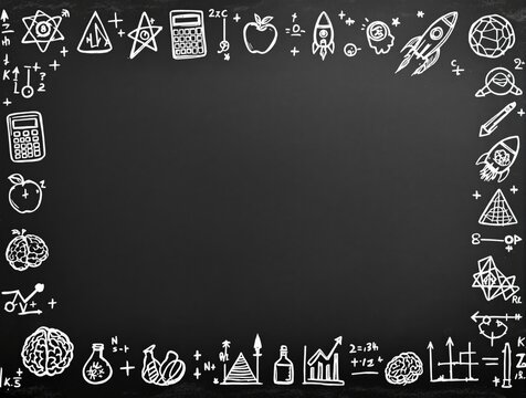 Empty chalk board with hand-drawn science-themed doodles around the edges on dark background. Ideal for mockup, design space, or educational template. Ai generative