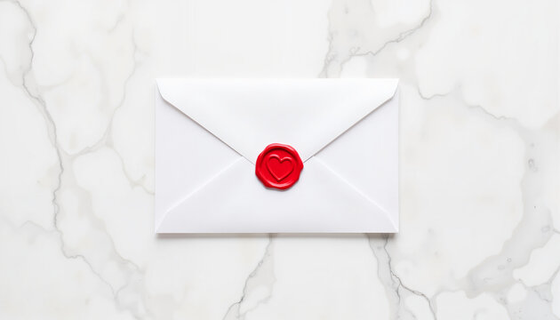 White envelope with red heart seal on marble countertop, love symbolism