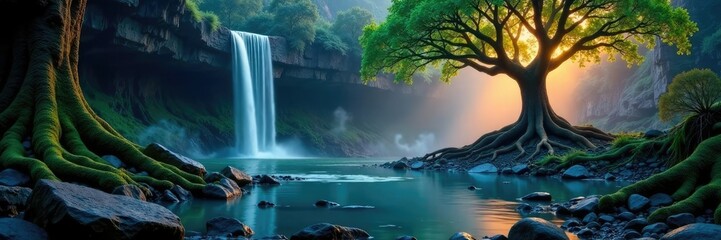 Waterfall with glowing roots and ancient tree, ambiance, fantastical