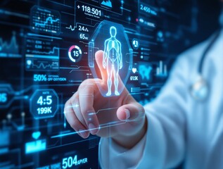 Doctor interacts with a futuristic medical interface featuring a holographic human body and health data on a digital background. Concept of modern healthcare. Ai generative