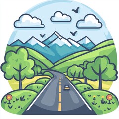 Serene Landscape with Mountain Peaks, Lush Green Trees, and Open Road Under a Blue Sky and Fluffy Clouds