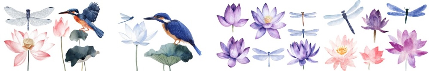 Obraz premium In a watercolor painting on an isolated background, a botanical illustration features a plant, lotus, dragonfly, and kingfisher, along with waterlilies and a bird