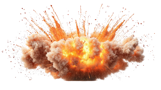 Fiery explosion with smoke and debris, isolated on white