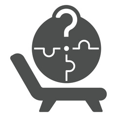 Puzzle with question mark at sofa solid icon, family psychology concept. Vector graphics. Psychologist coach, logic game sign on white background, glyph style icon for mobile or web design.