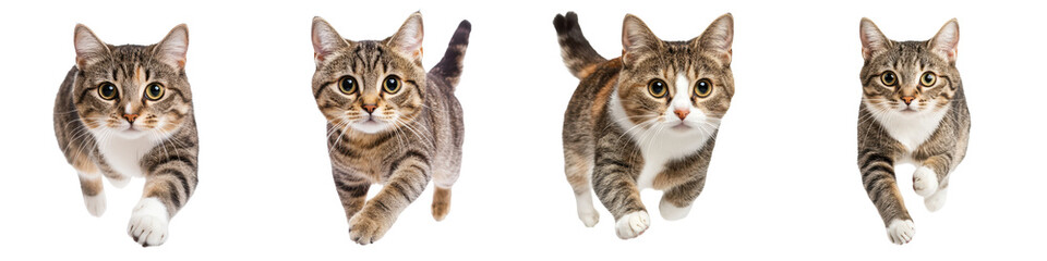 Fototapeta premium A collage of four playful and curious tabby cats each showcasing their unique expressions and captivating feline behaviors as they explore pounce and lounge