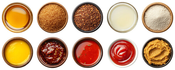 Assorted Seasonings in Bowls with Oils, Sugars, Sauces, and Pastes for Culinary Use in Cooking and Flavor Enhancement. Piquant food set.