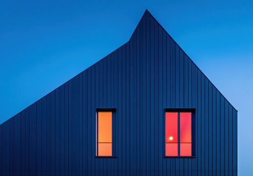 Modern house facade at dusk with glowing windows reflecting sunset colors