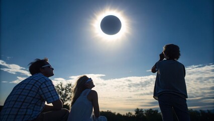 Fototapeta premium Solar Eclipse Photography: Silhouetted Family Admires the Diamond Ring Effect During Totality