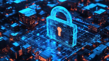 Digital Lock Symbol Over Illuminated Smart City Landscape Background