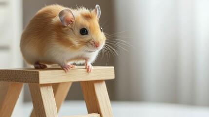 Obraz premium Cute hamster on small wooden stool indoors
