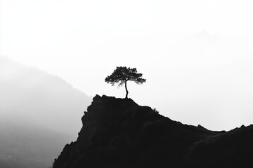 Lonely tree standing on cliff edge against misty landscape captures a serene moment at dawn