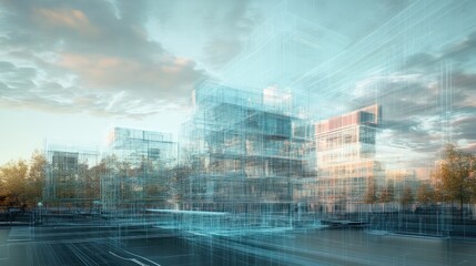 Futuristic city architecture, digital design, sunset sky, architectural visualization, potential for use in digital design presentations