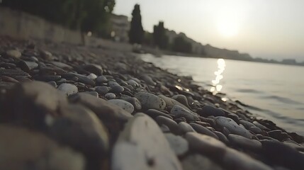 A beautiful sunlit beach scene with many small stones present