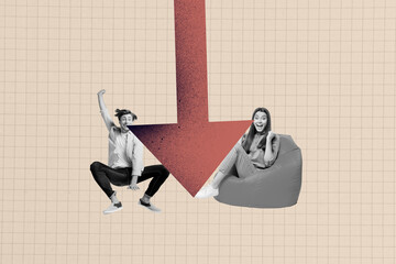 Creative sketch art collage of two happy inexperienced business partners girl guy stand arrow...