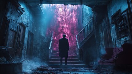 Man stares at ethereal doorway in dilapidated mansion