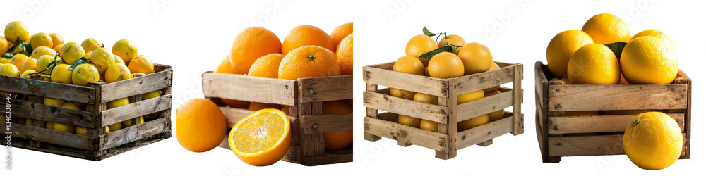 Poster oranges packed in a wooden crate basket, isolated and set against a transparent background, generate