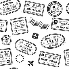 Obraz premium Travel background - passport stamps collage. Fictitious stamps seamless pattern. Transparent PNG object graphic.