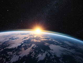 View of Earth from space with sun rising over the horizon, casting golden light on the planet's surface. A vast starry sky serves as the background. Ai generative