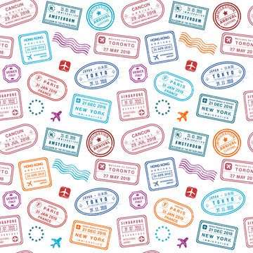 Travel background - colorful passport stamps collage. Fictitious stamps seamless pattern. Transparent PNG object graphic.