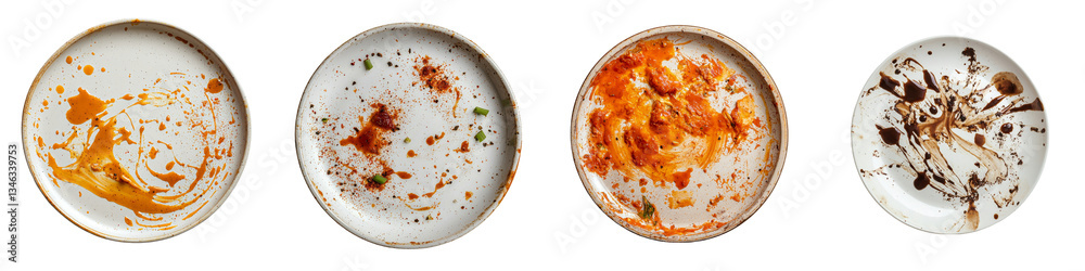 Poster a generative ai image features a dirty white plate with oil and smeared sauce isolated against a tra