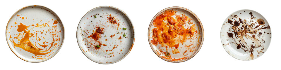 A generative AI image features a dirty white plate with oil and smeared sauce isolated against a transparent background