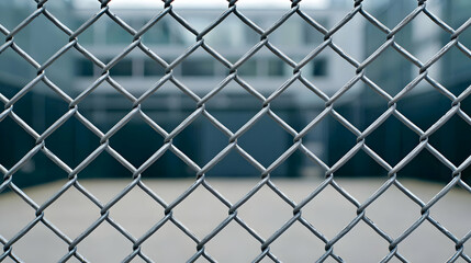 Fototapeta premium Close Up Of A Metal Chain Link Fence In Front Of A Modern Gray Building Background