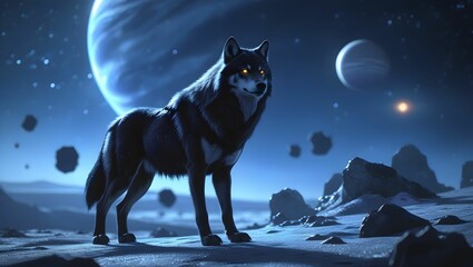 "A majestic black wolf with glowing amber eyes stands on the surface of an alien planet. The landscape is a surreal, icy expanse with jagged rocks and floating asteroids. 