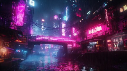 Obraz premium Neon-lit cyberpunk city canal at night