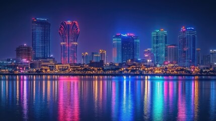 Fototapeta premium Night cityscape skyline reflecting on water, colorful lights, illuminated buildings, urban scene