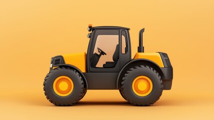 A stylized yellow and black tractor against a bright orange background, showcasing its robust design and heavy-duty features.