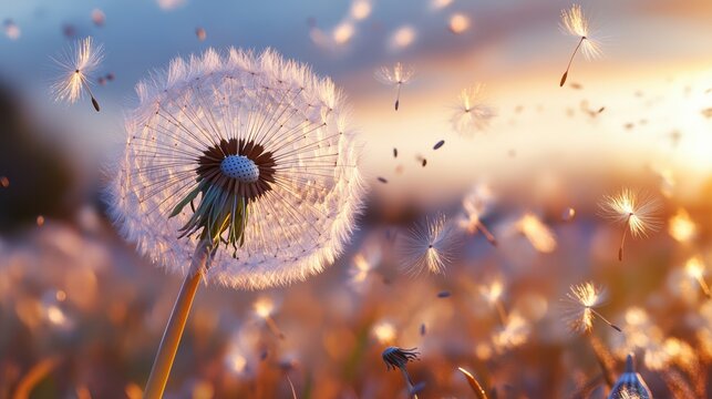 Dreamy sunset over dandelion seeds drifting in gentle breeze