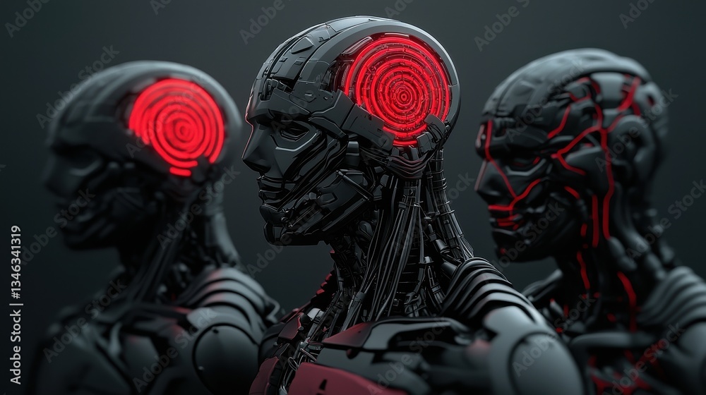 Poster three futuristic robots with intricate designs and glowing red neural patterns face forward against 
