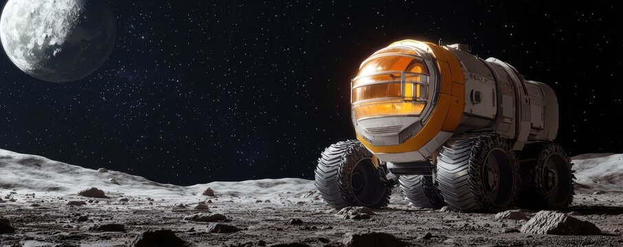 A futuristic rover explores the lunar surface under a starry sky, with a large moon looming in the background.