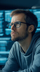 Focused software professional analyzing intricate code across multiple screens, glasses perched, working intensely within shadowy workspace representing coding challenges