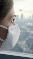 Woman wearing protective face mask looking through window, cityscape blurred, drone hovering, expressing pandemic isolation and uncertainty