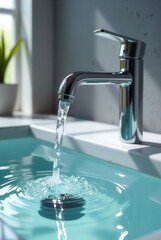 A modern chrome faucet pours clean, refreshing water into a pristine basin, creating calming concentric ripples.