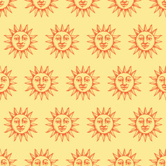 Seamless pattern sun with a face engraving style hand draw